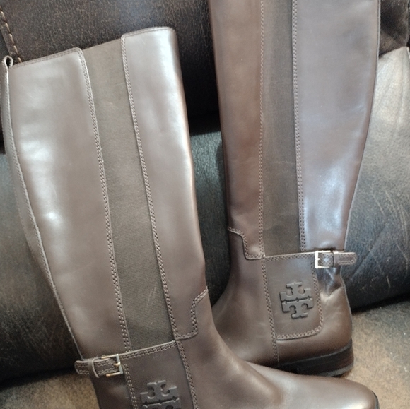 Tory Burch Tall Riding Boots Brown Leather Side Zip Accent Buckle Logo Size 5.5m - Picture 7 of 12